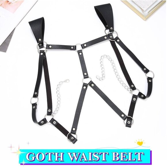 Leather Chest Harness Black Body Accessory Adjustable Rave Belt for Women - Picture 5 of 7